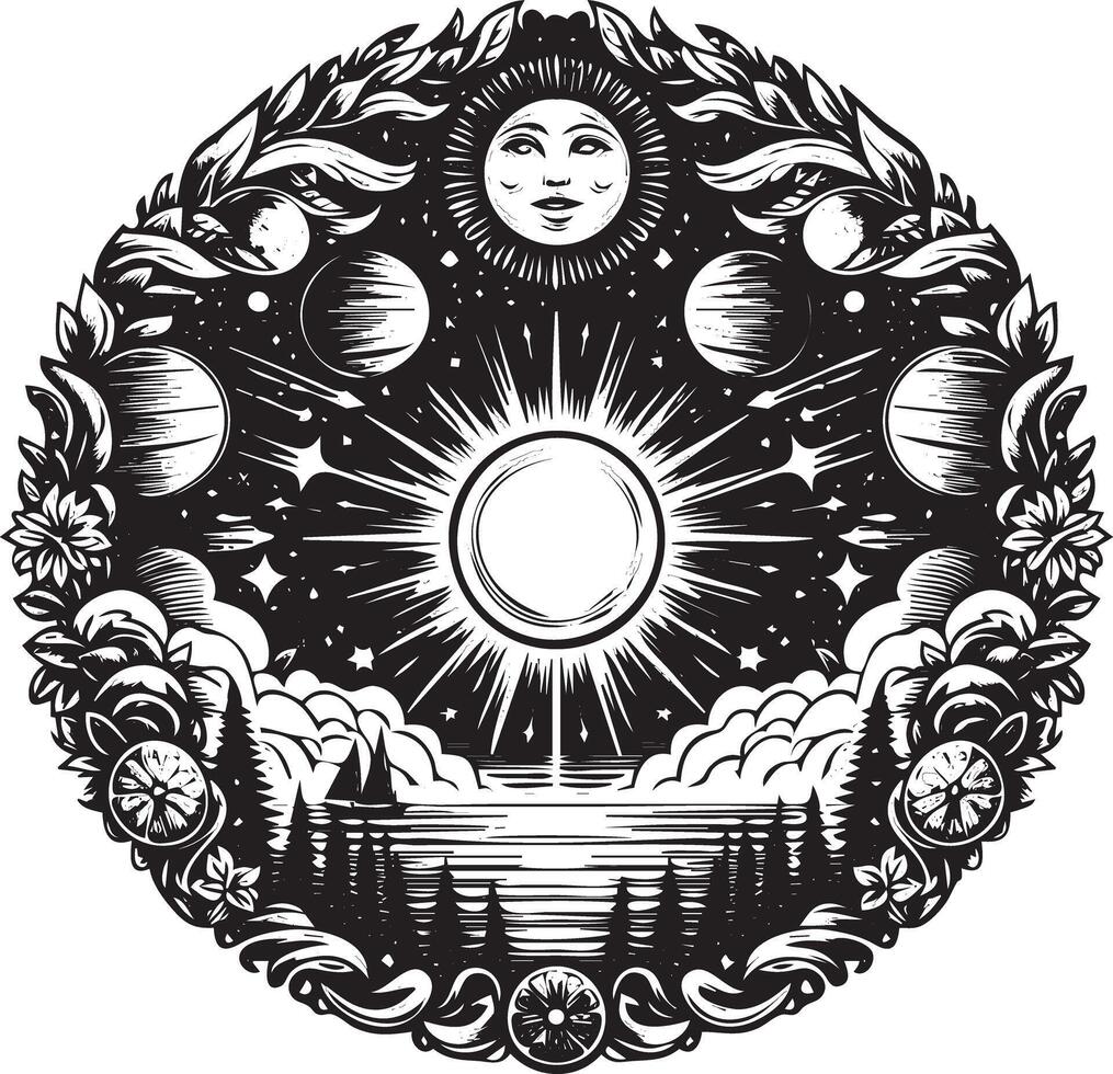The sun and moon in a circle with trees and clouds vector