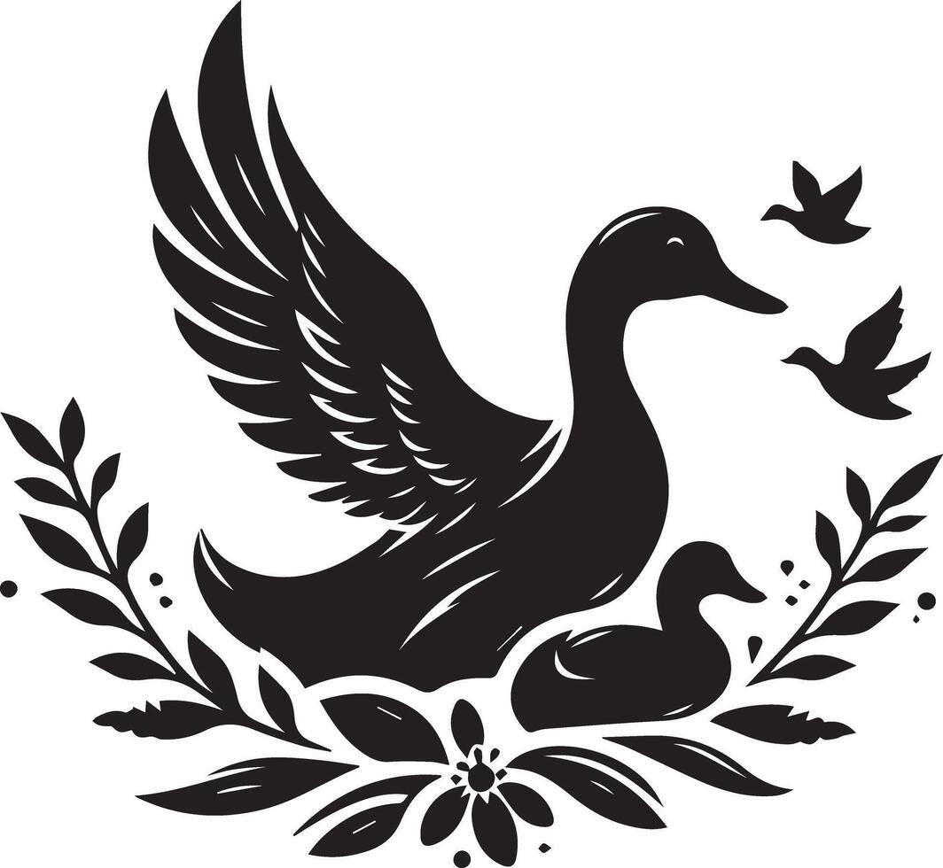 Duck with baby duck and birds illustration vector
