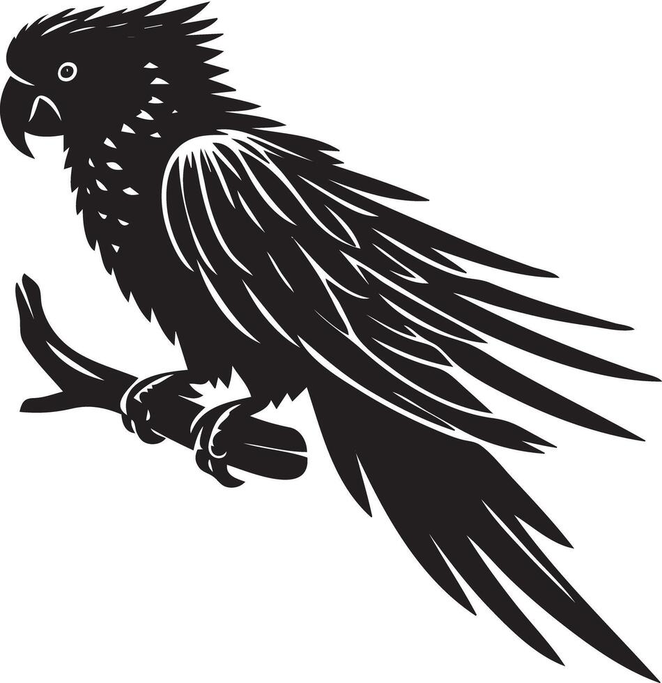 A black and white illustration of a parrot sitting on a branch vector