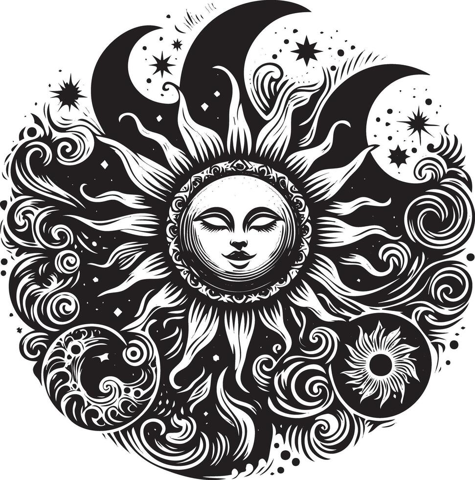 The sun and moon in a circle with swirls and stars vector