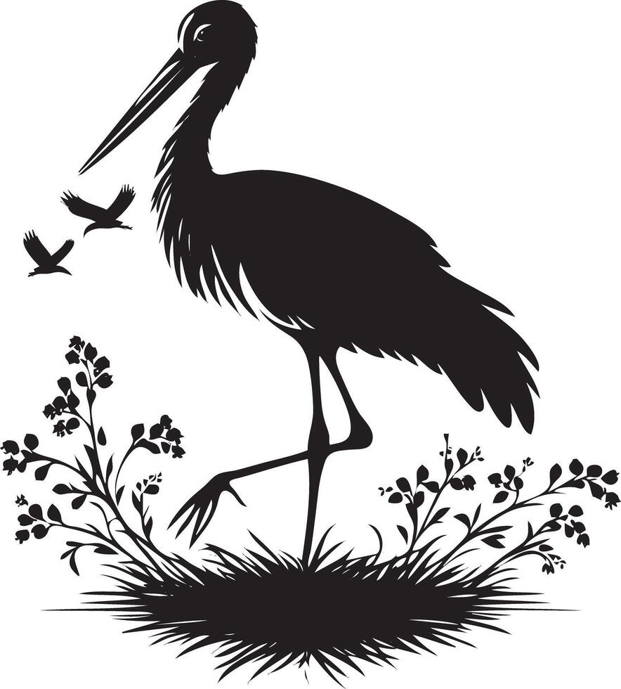 A black and white silhouette of a crane with birds vector
