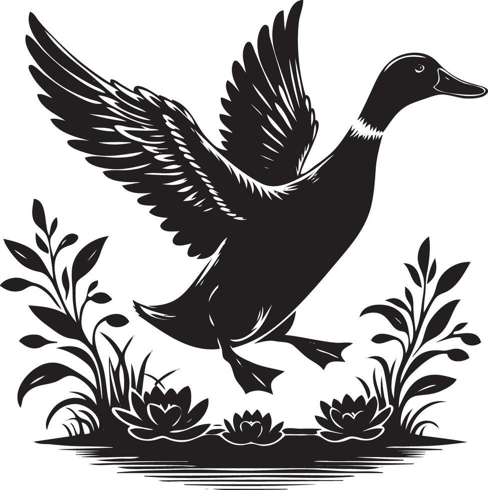 A black and white illustration of a duck flying over water vector