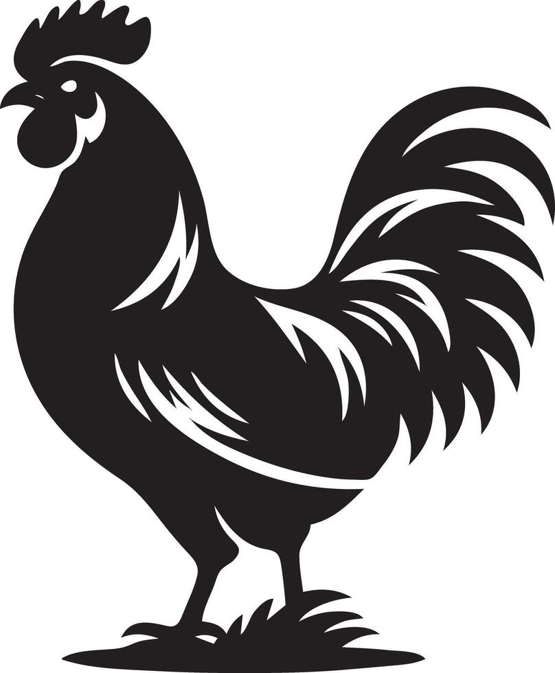 A black and white silhouette of a rooster vector