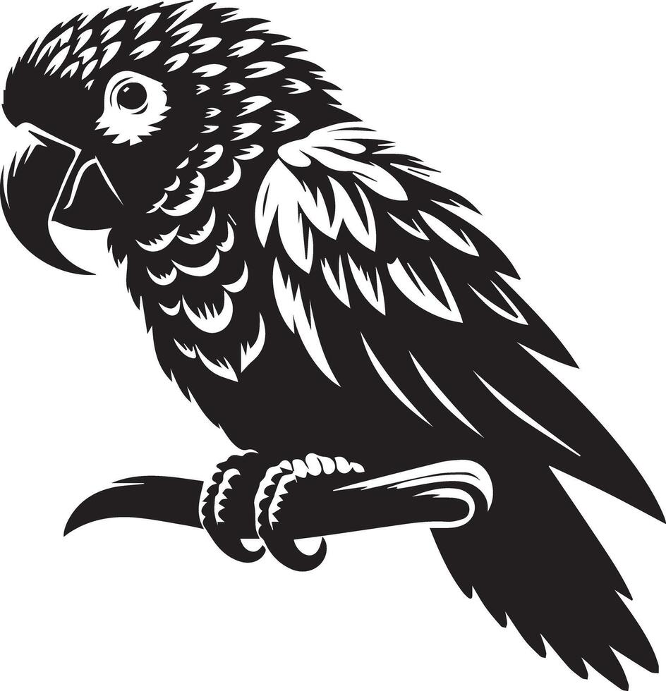 A black and white illustration of a parrot vector
