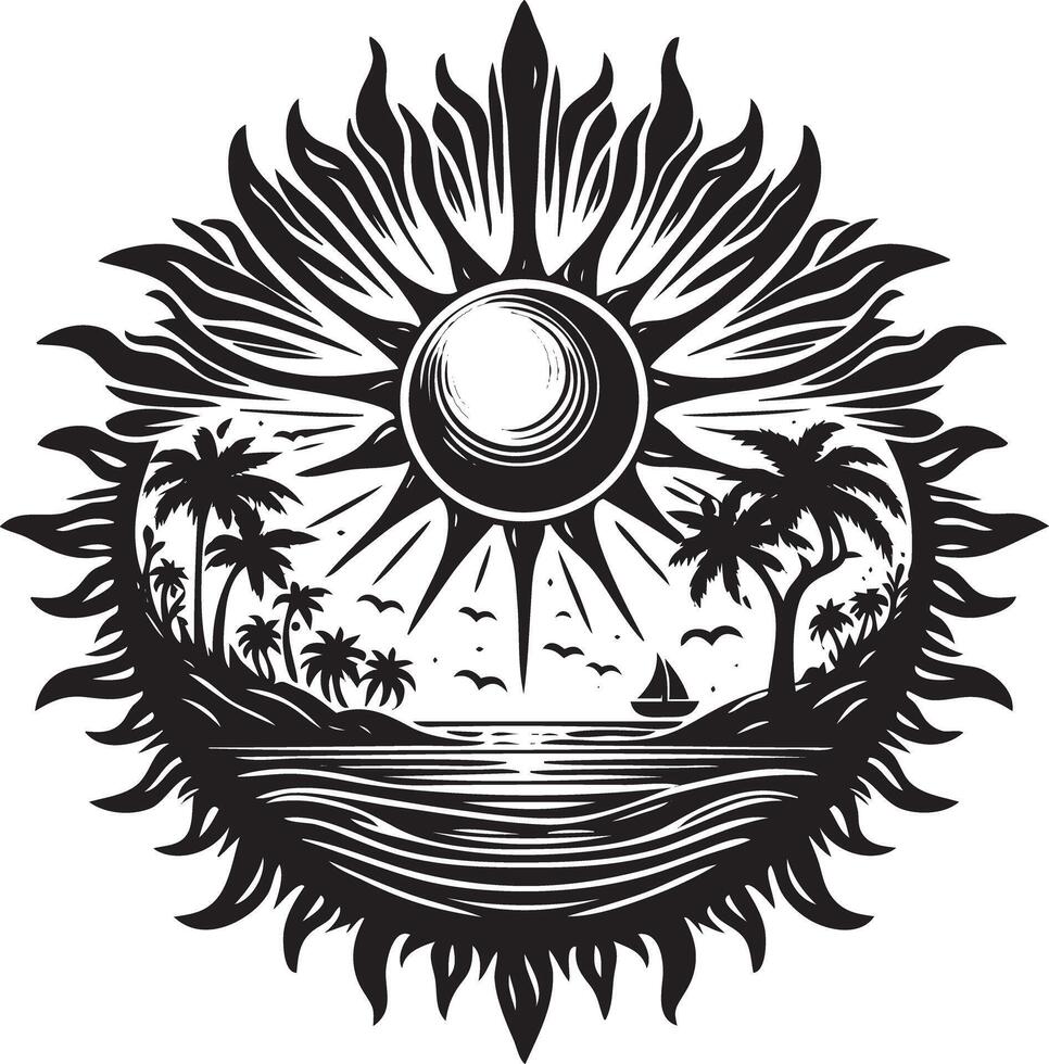 Sun and palm trees on the beach vector
