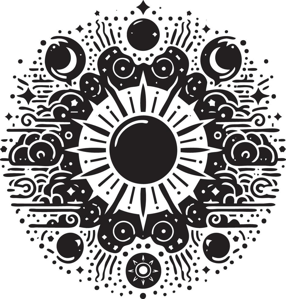 A black and white illustration of a sun and moon vector