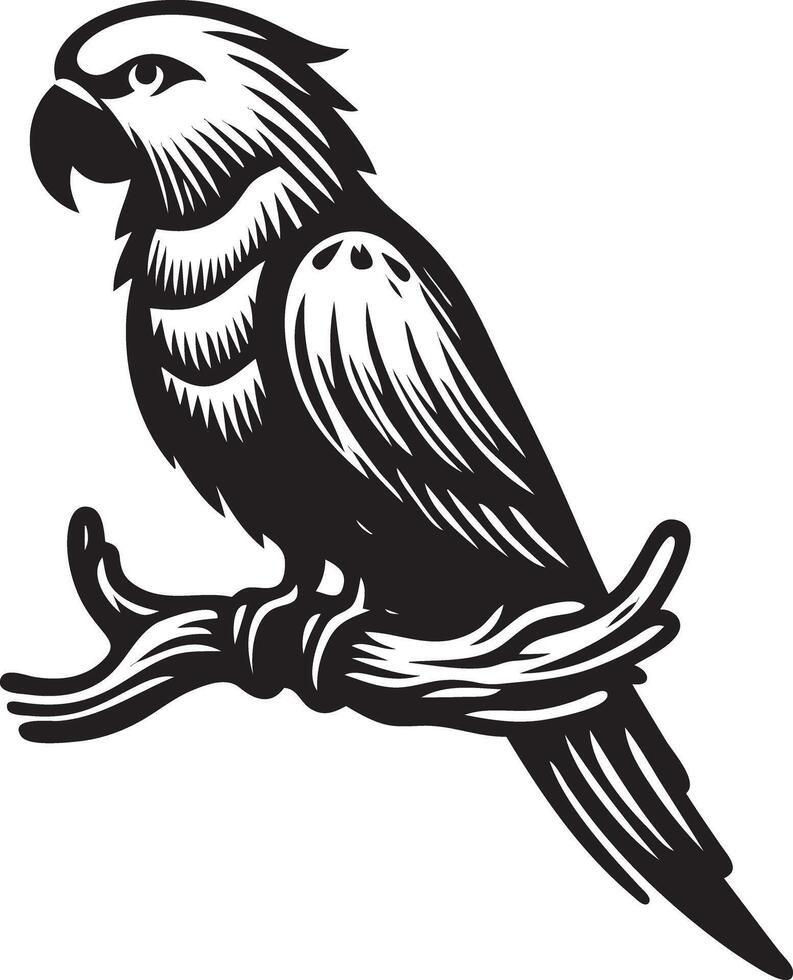 A black and white illustration of a parrot sitting on a branch vector