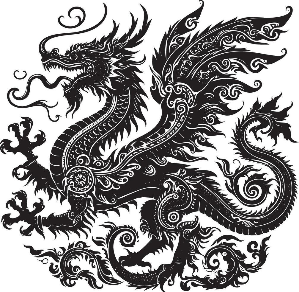 A black and white dragon with ornate wings vector