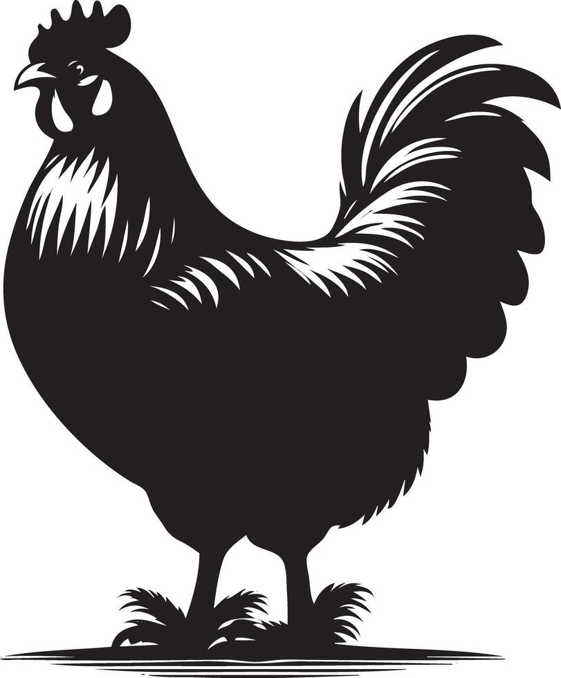 A black and white silhouette of a rooster vector