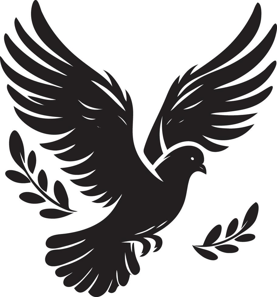 A black and white illustration of a dove with leaves vector