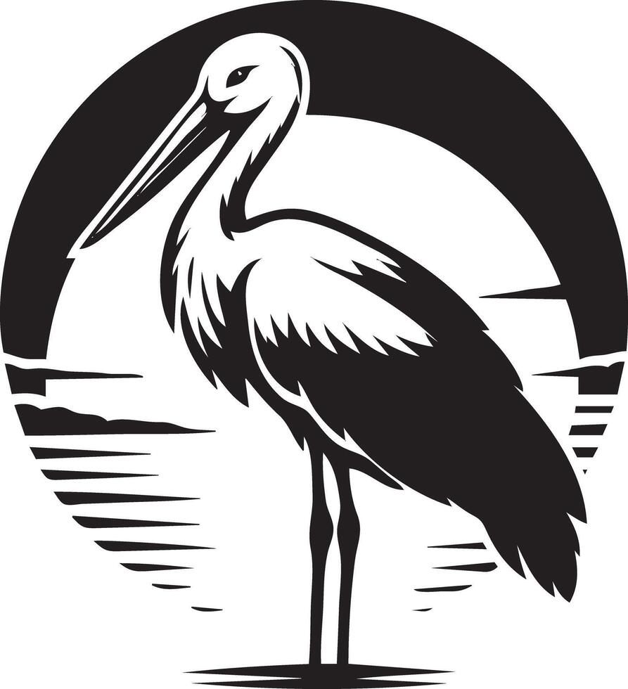 A black and white image of a stork standing in front of a circle vector