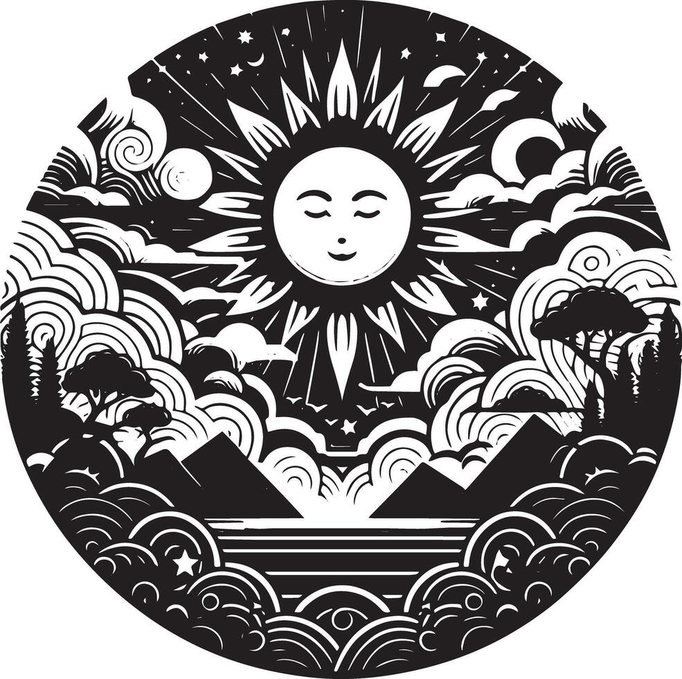 A black and white illustration of a sun and clouds vector