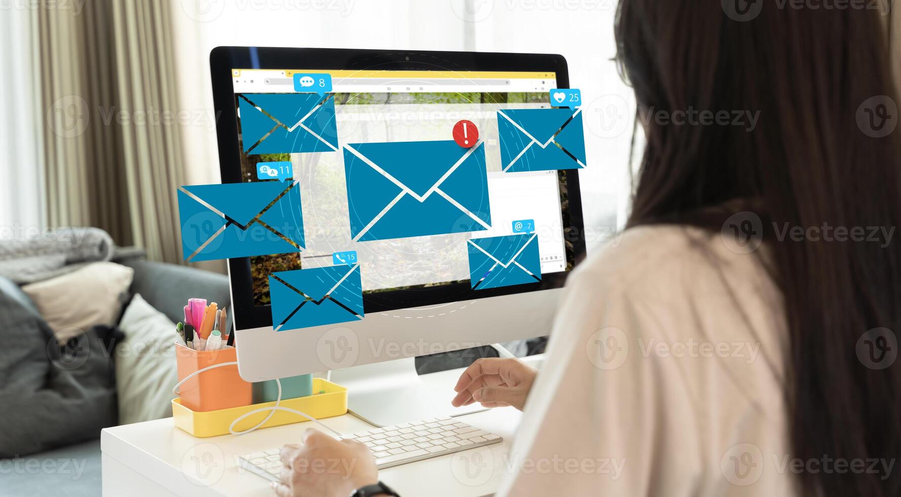 Email electronic communication graphic inbox on computer screen working on the internet. Email marketing and newsletter concept. photo