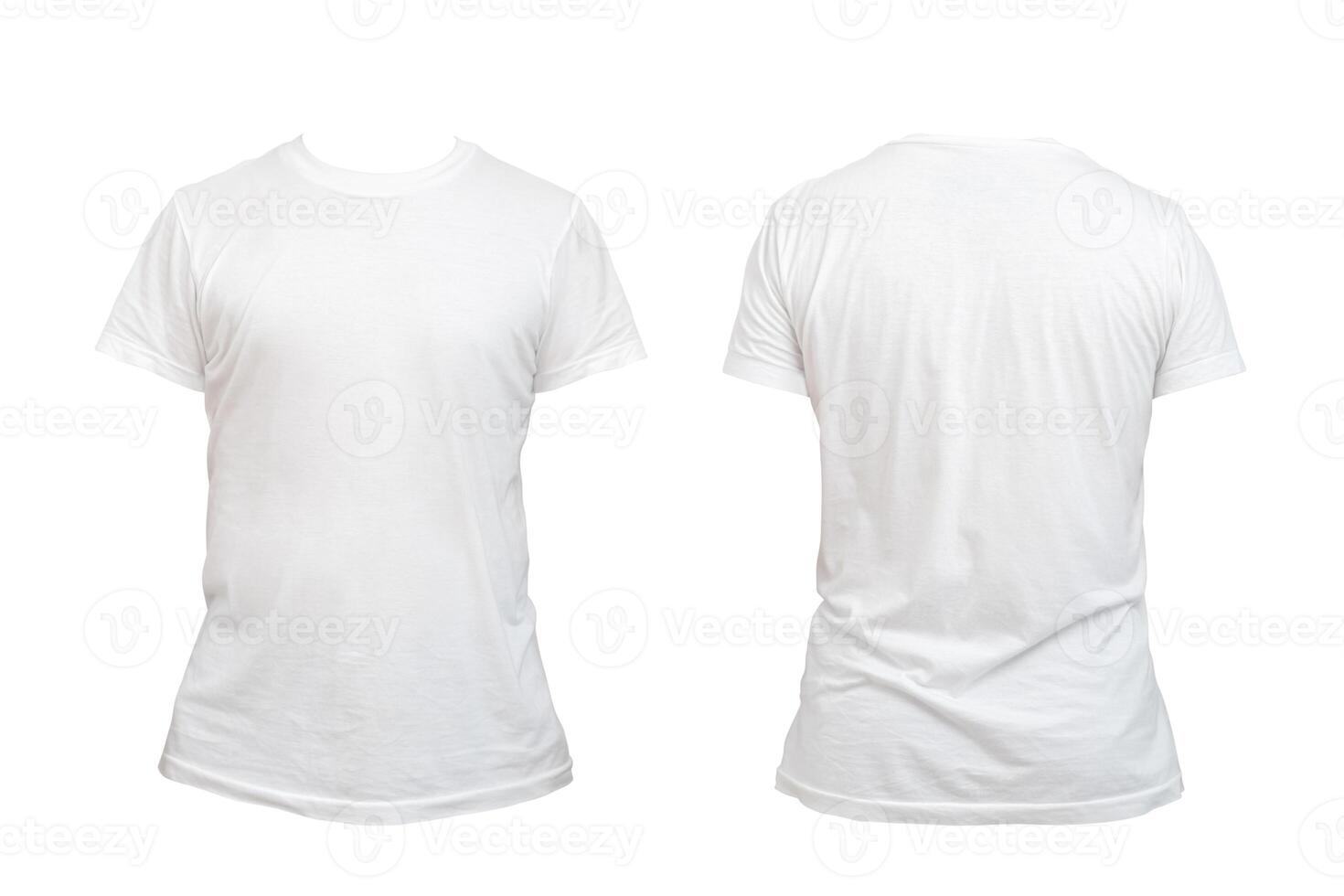 Blank white t-shirt template for men, from two sides, natural shapes on invisible mannequin, for mockup of your design for printing isolated on white background. photo