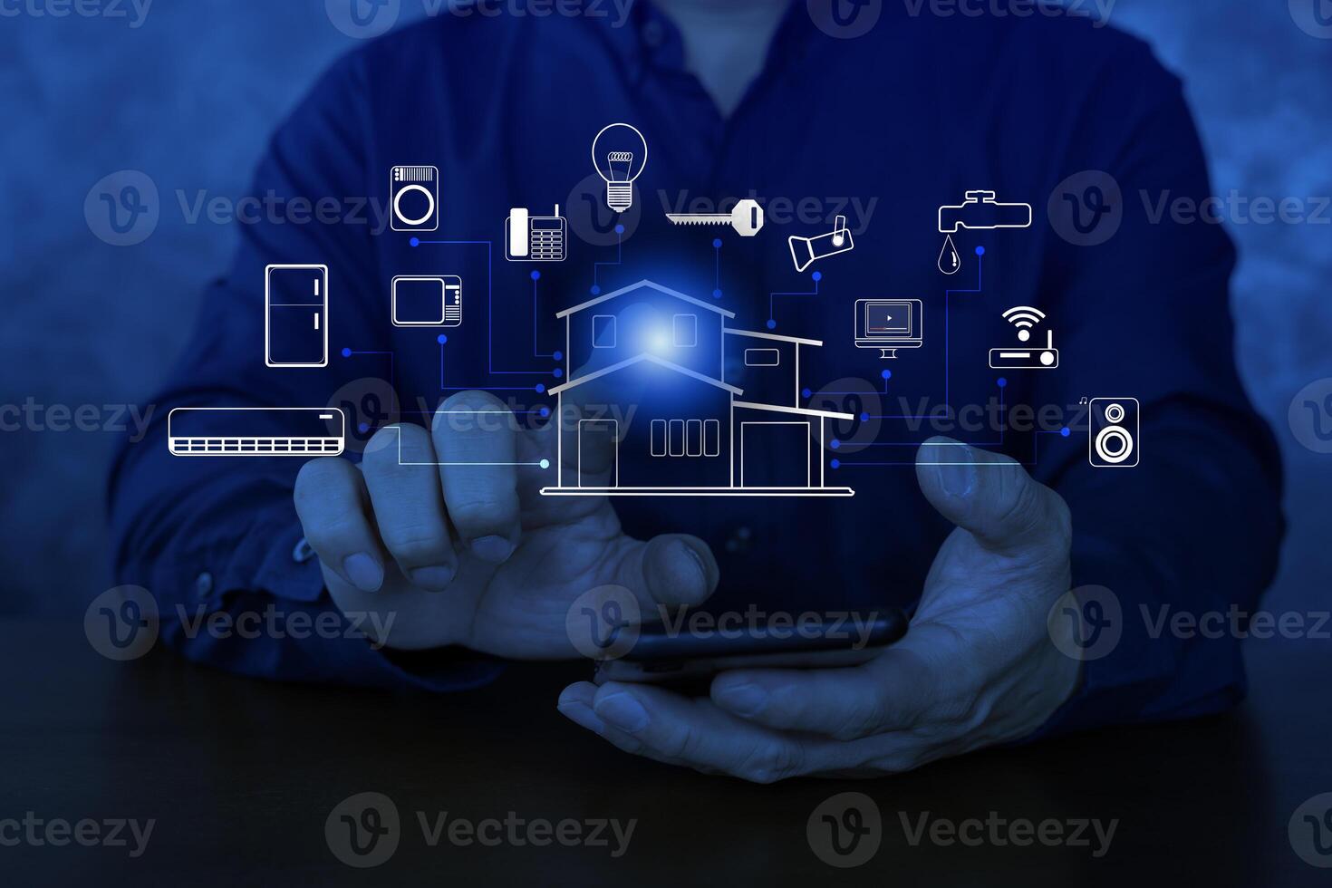Hand using smartphone as smart home control application, smart home concept banner. glowing house humid with diverse icons, interface and binary. photo