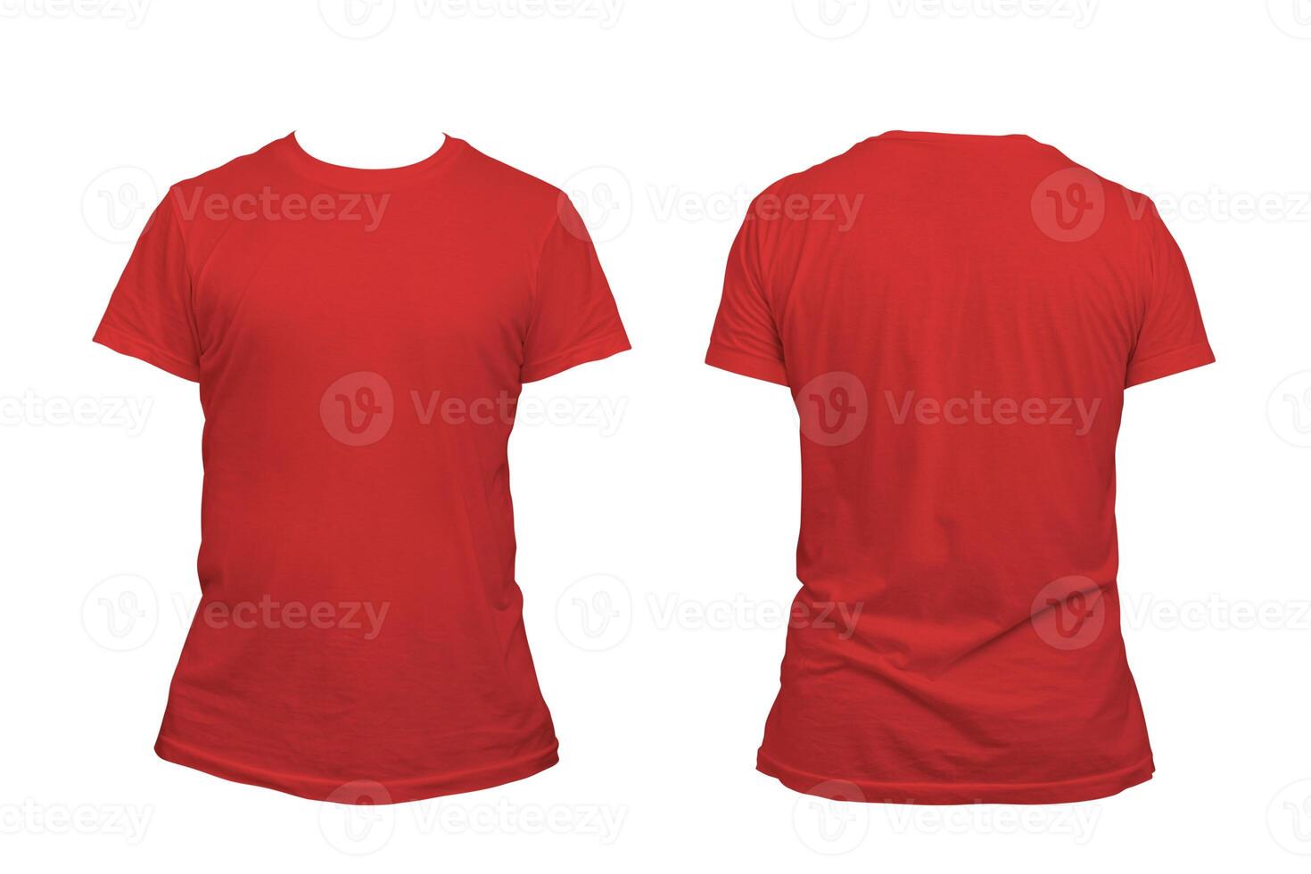 Red casual t-shirt on men's body isolated on white background. Front and back views of red men's t-shirt on white background. photo