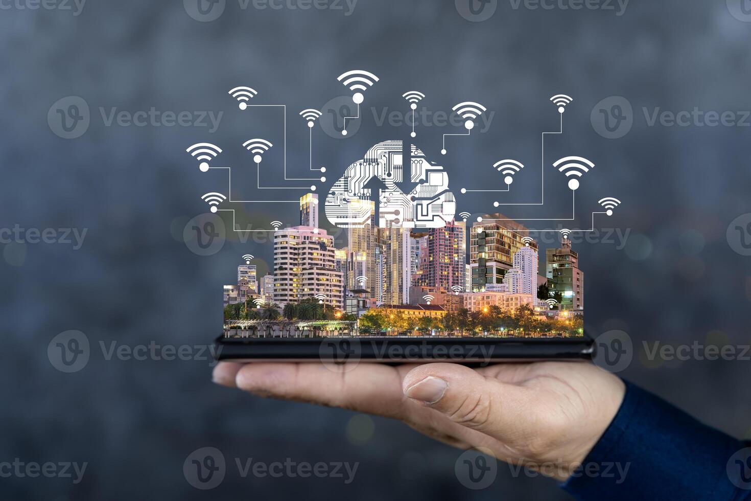 Smart City and Internet of Things IOT on smartphone in hand, object icons connected together, internet network concept. photo