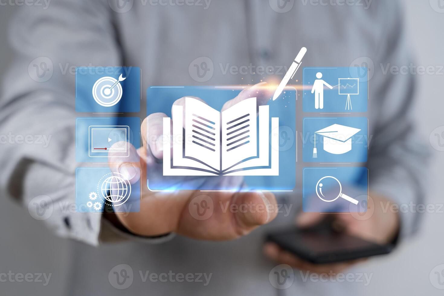 E-library concept. Person use smartphone and hand touch with virtual Ebook icons for electronic books online photo