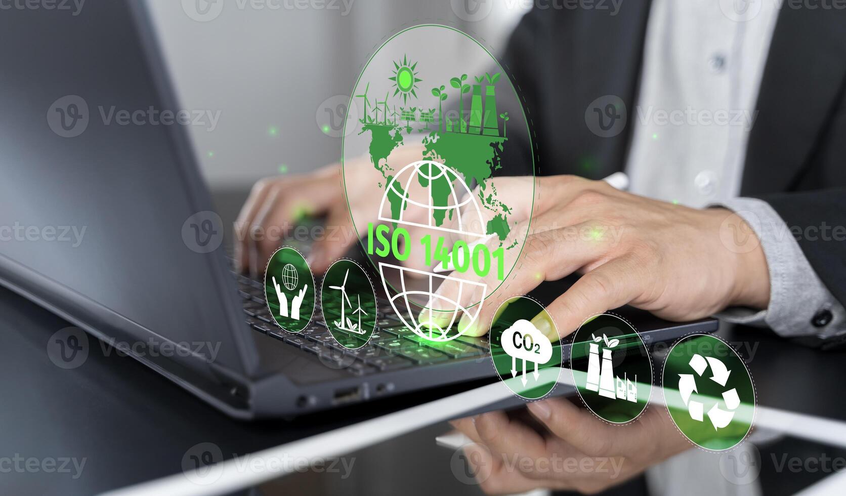 ISO 14001 concept. ISO standards quality control 14001 certified for environmental management systems photo