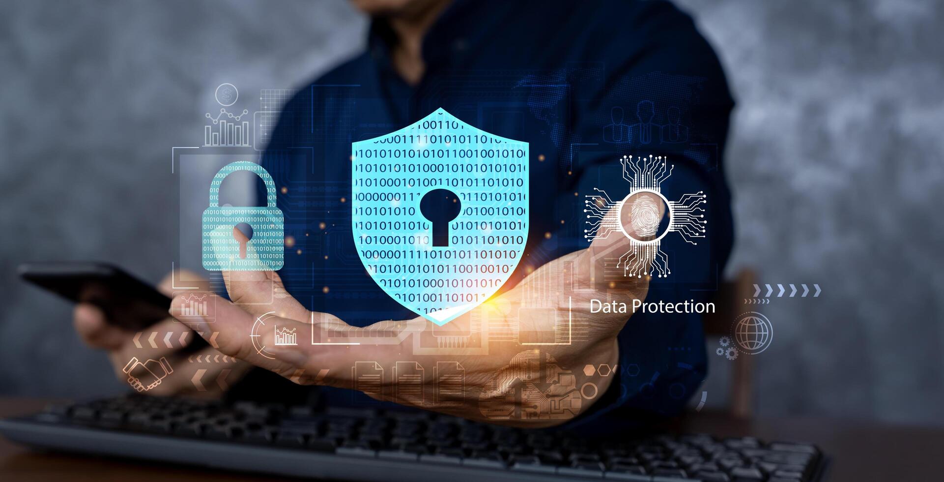 Cyber security network. Data protection concept. Businessman using laptop computer with digital padlock on internet technology networking with cloud computing. photo
