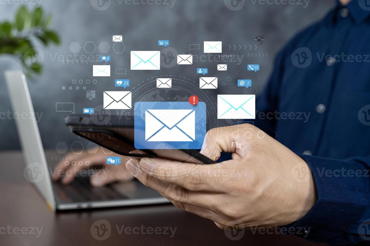 Hand of businessman using smartphone for email with notification alert, Online communication concept. photo