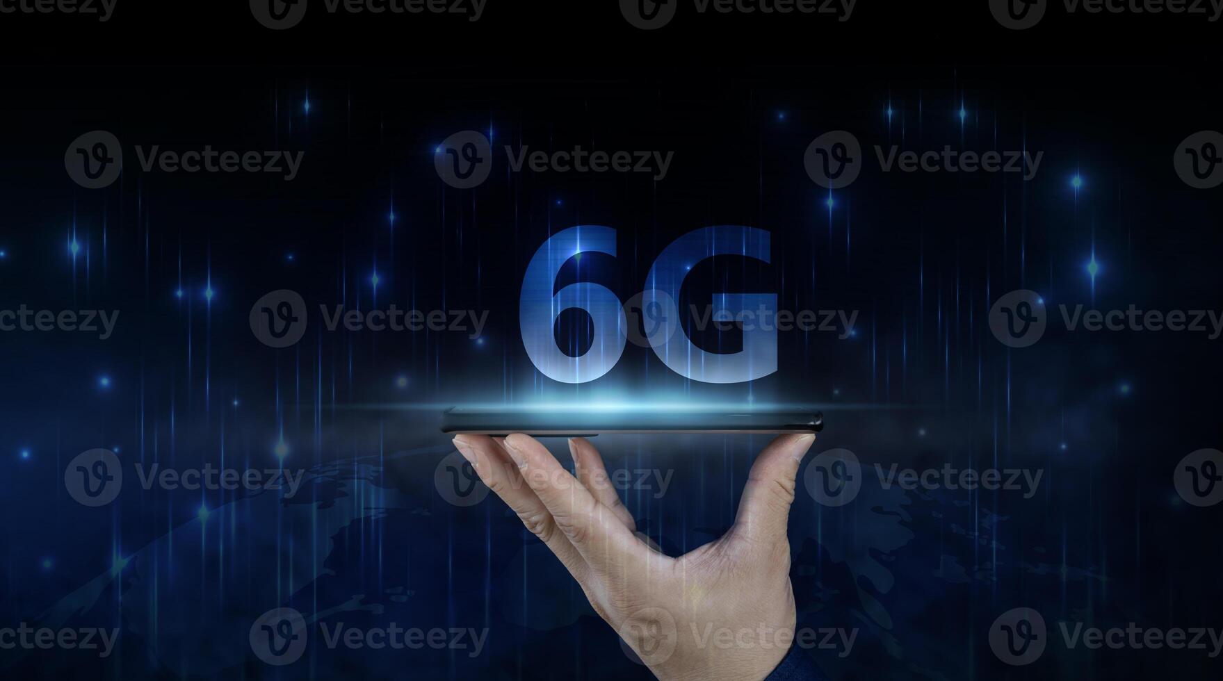 Businessman holding a smartphone with hologram 6G digital technology, access to information around the world. 5G wireless internet network concept or IOT photo