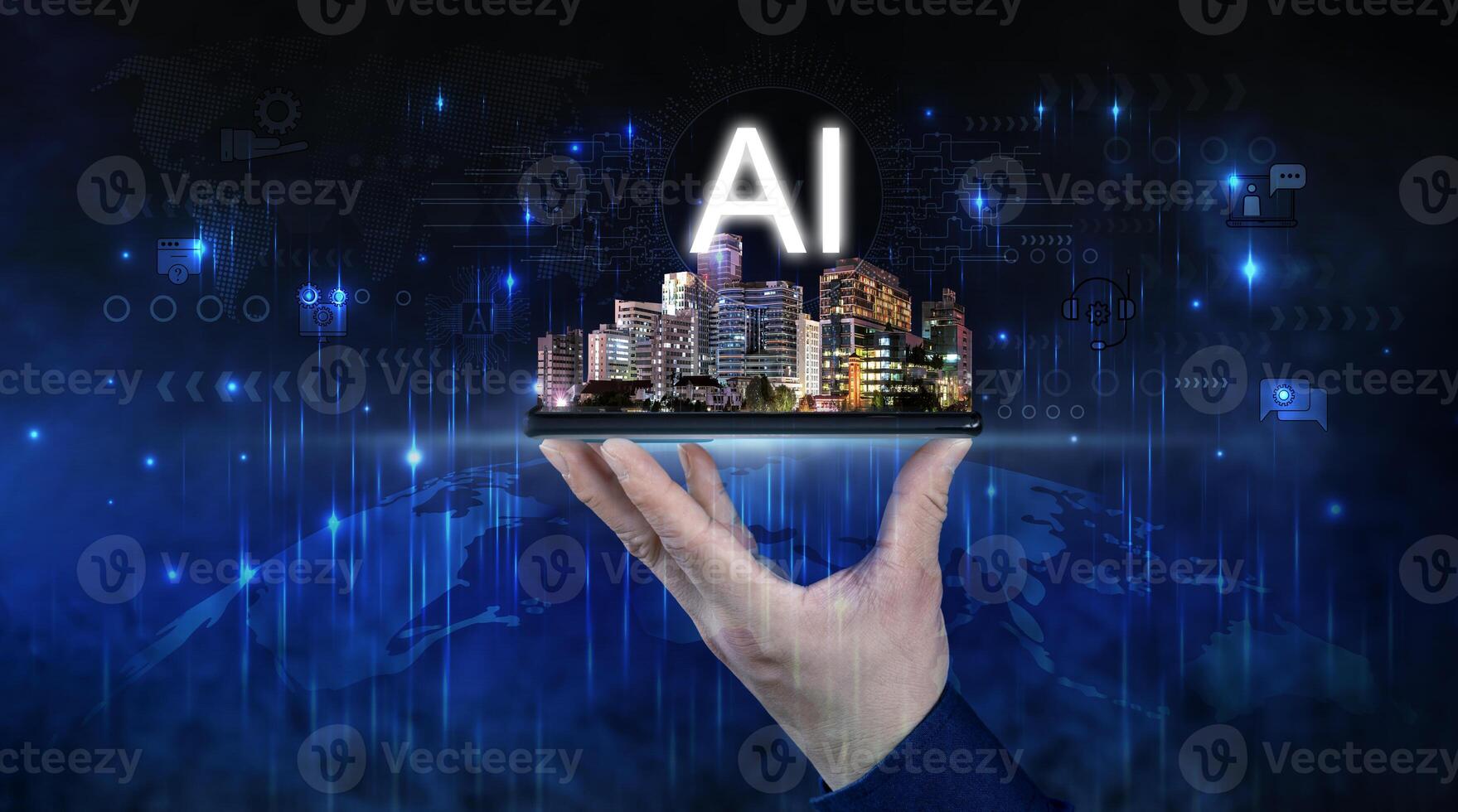 AI theme with person using a smartphone. Cloud technology in smart city concept with human hand carries digital tablet with megapolis city skyscrapers. photo