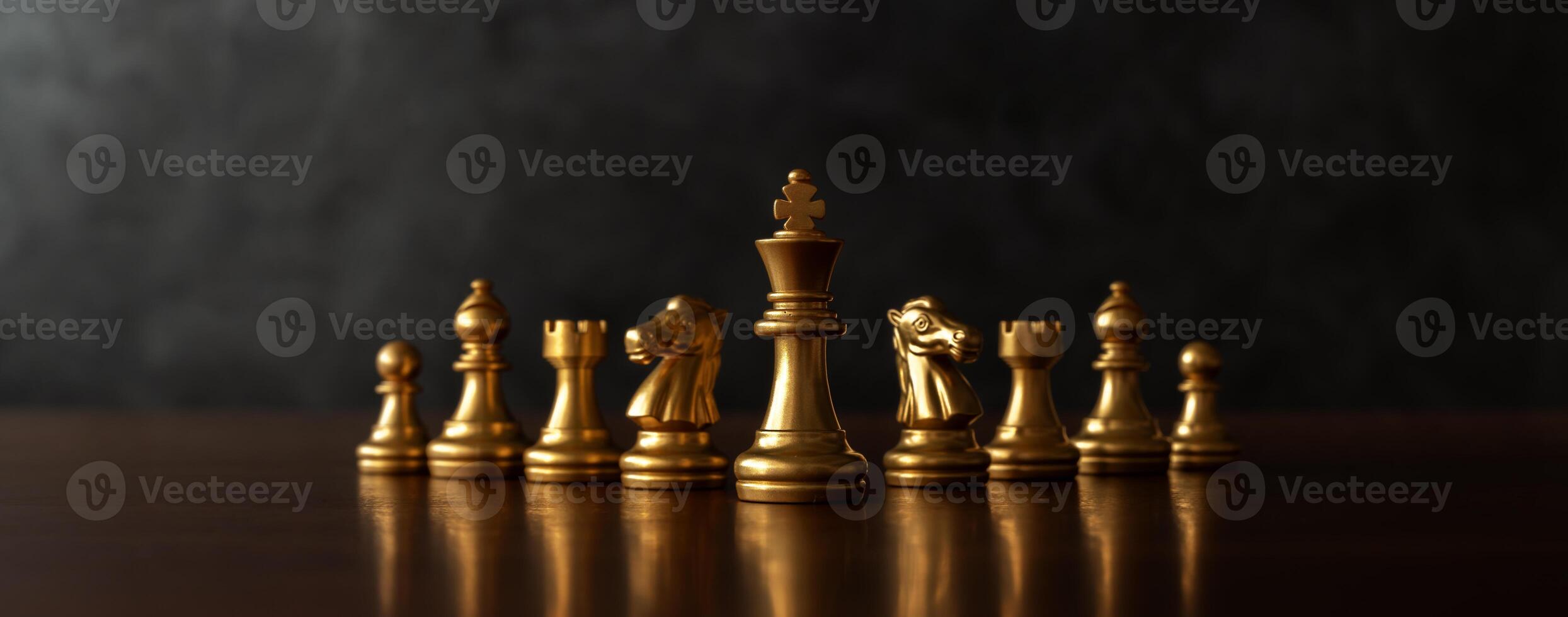 Business brainstorming chess board game with black background Free space for your text, panoramic style. Chess board game for ideas. photo