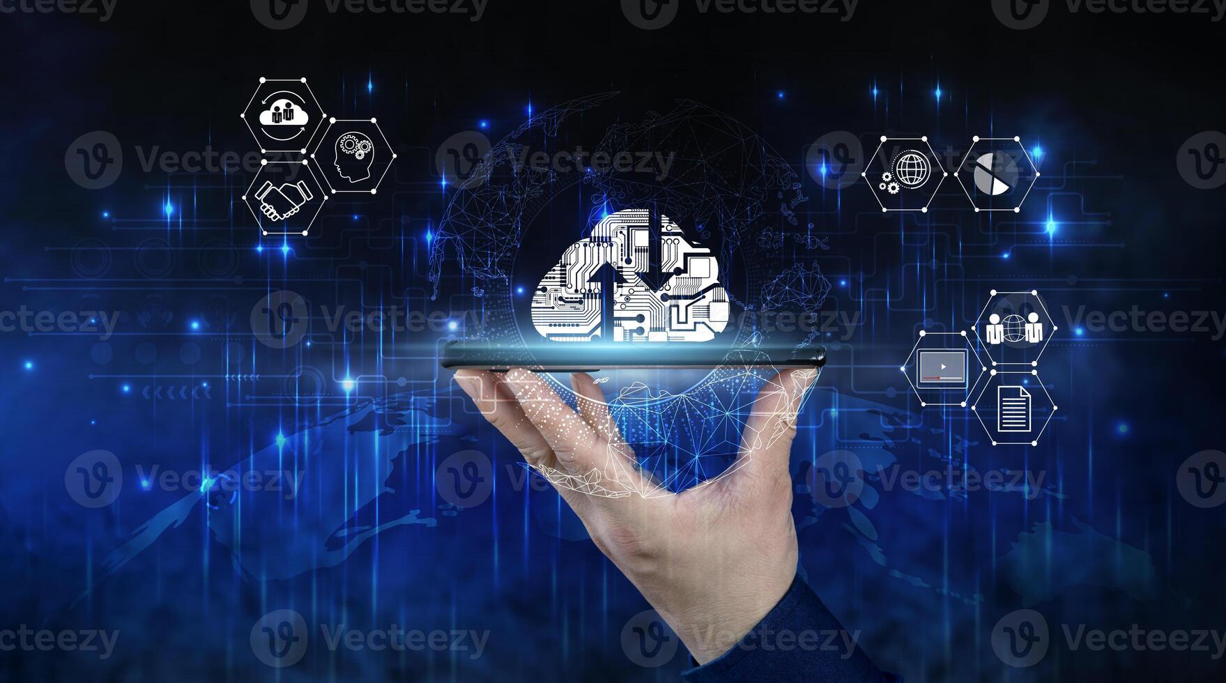 Cloud computing concept, a person's hand uses a smartphone connected to the cloud for data transfer. photo