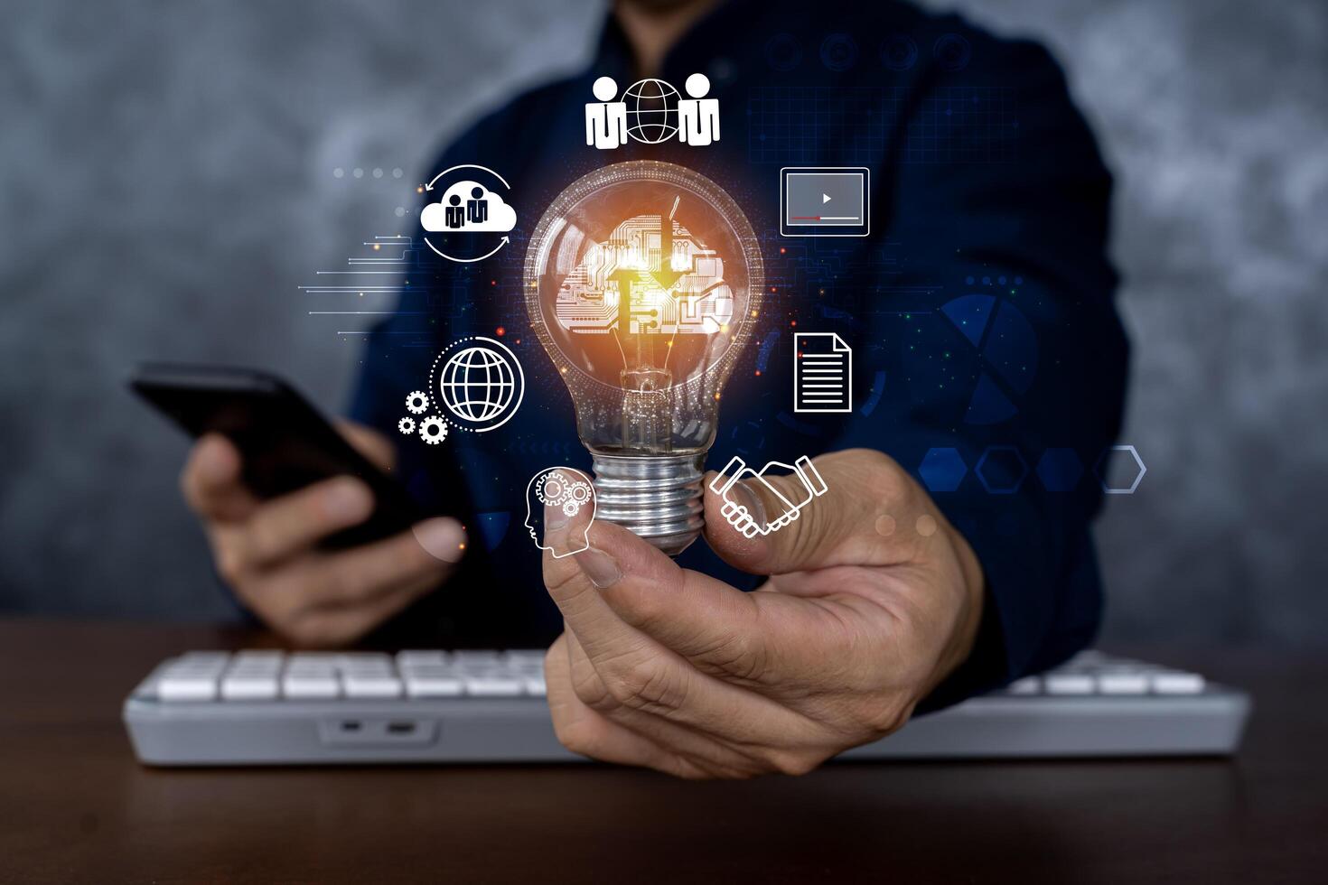 Hand holding Light bulb, Global Internet connection cloud computing. Business global internet connection application technology, digital marketing. photo