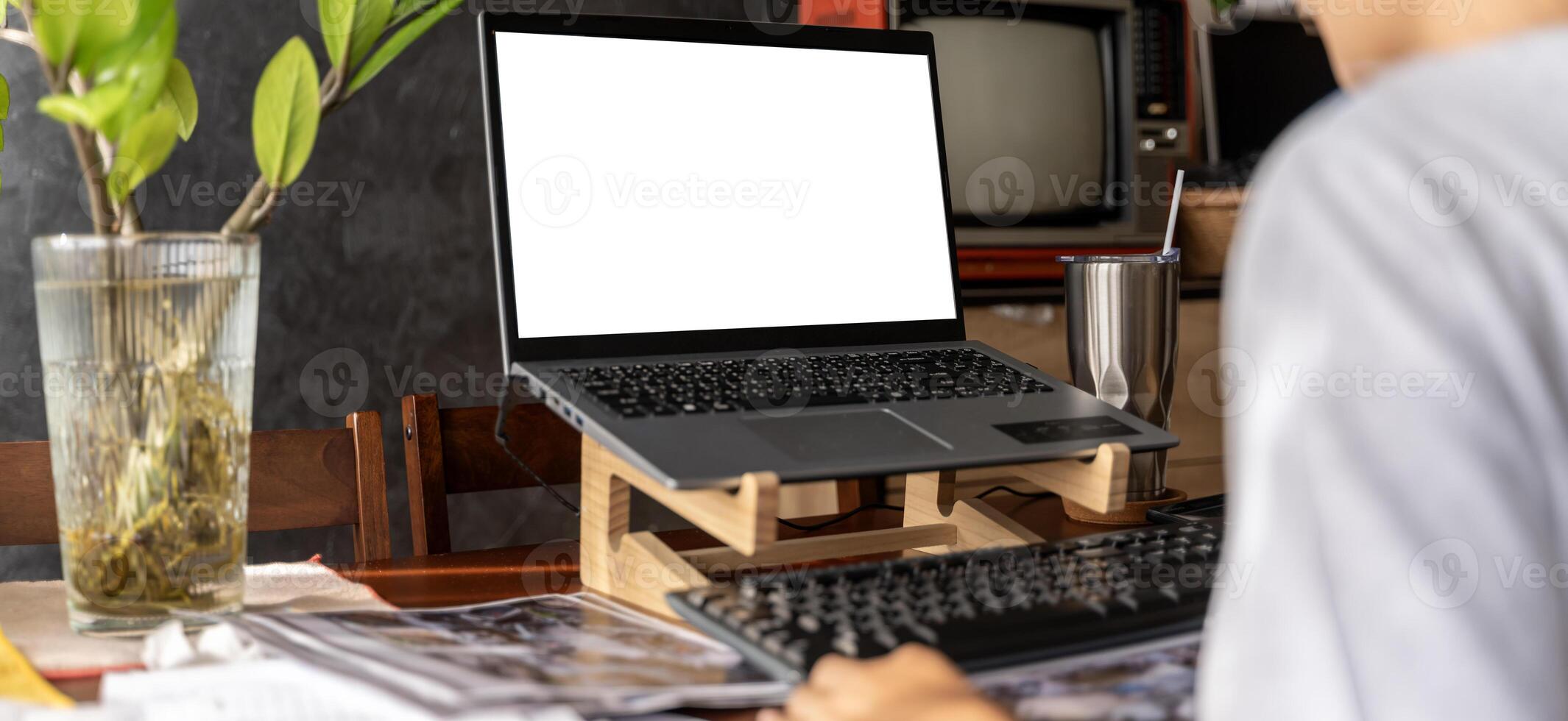 Back view of freelance woman working on new project on laptop computer with blank copy space screen. photo