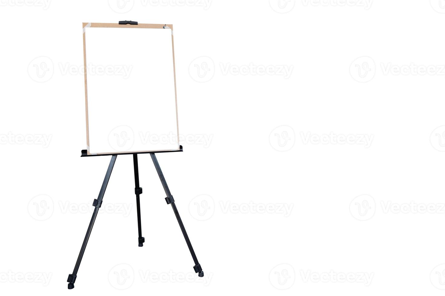 Wooden easel with blank canvas on white isolated background for mockup design. space for text. photo