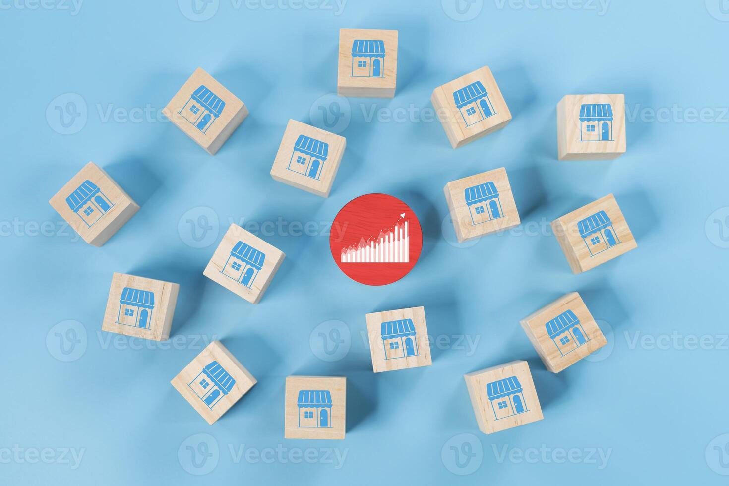 Franchise expansion wooden blocks display store icons for e commerce and digital marketing branches. photo
