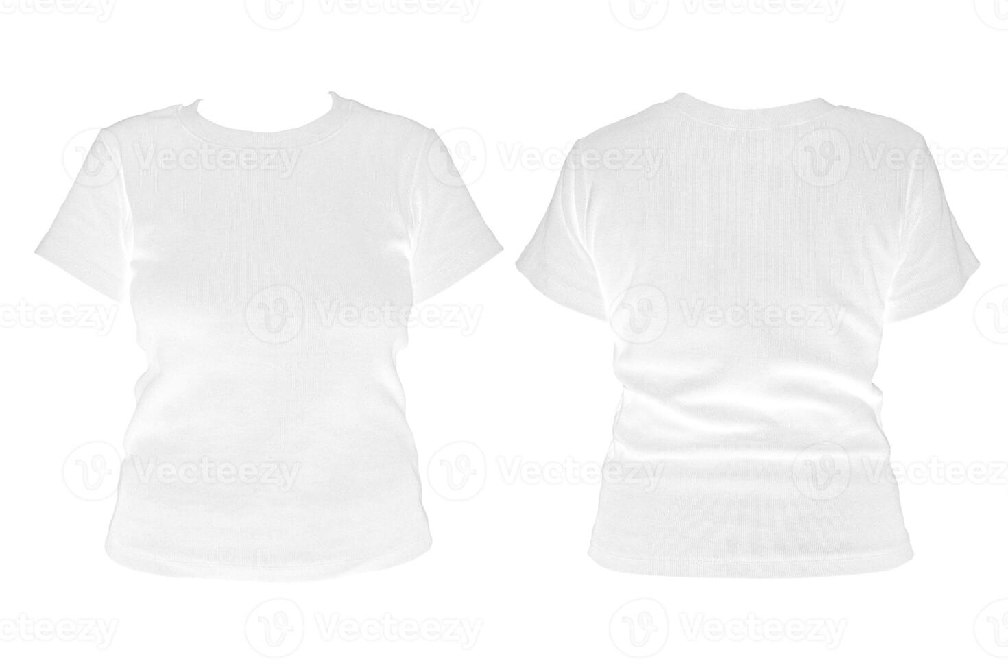 Blank white t-shirt template for women from two sides, natural shape on invisible mannequin for your model design for printing, isolated on white background. photo