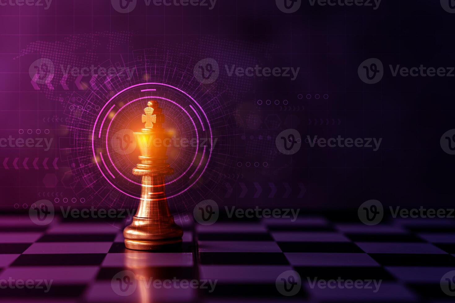 Golden king chess encounter with gold chess enemy on dark background and connection line for strategy idea and futuristic concept. photo
