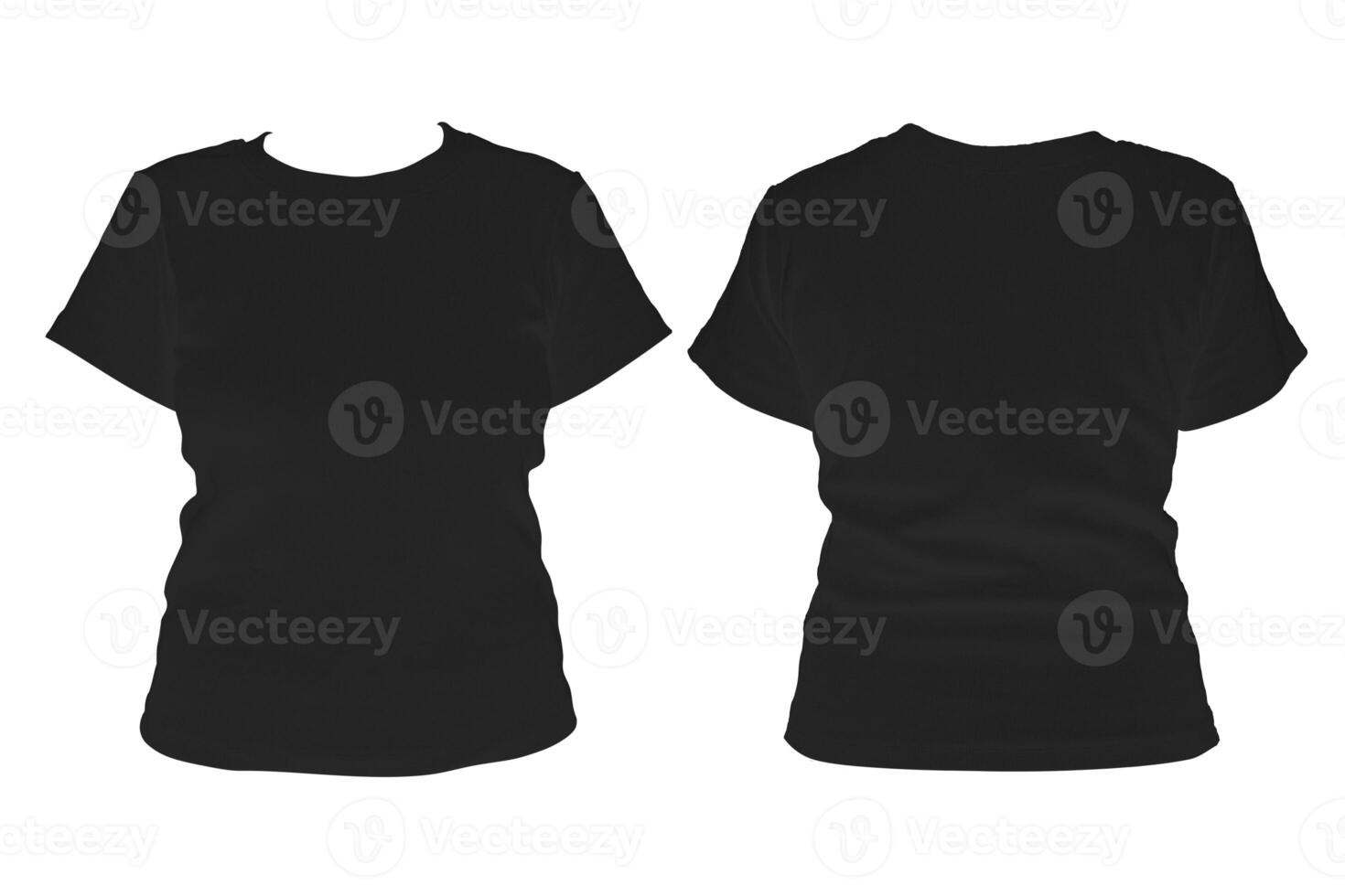 Women's black blank T-shirt template,from two sides, natural shape on invisible mannequin, for your design mockup for print, isolated on white background. photo