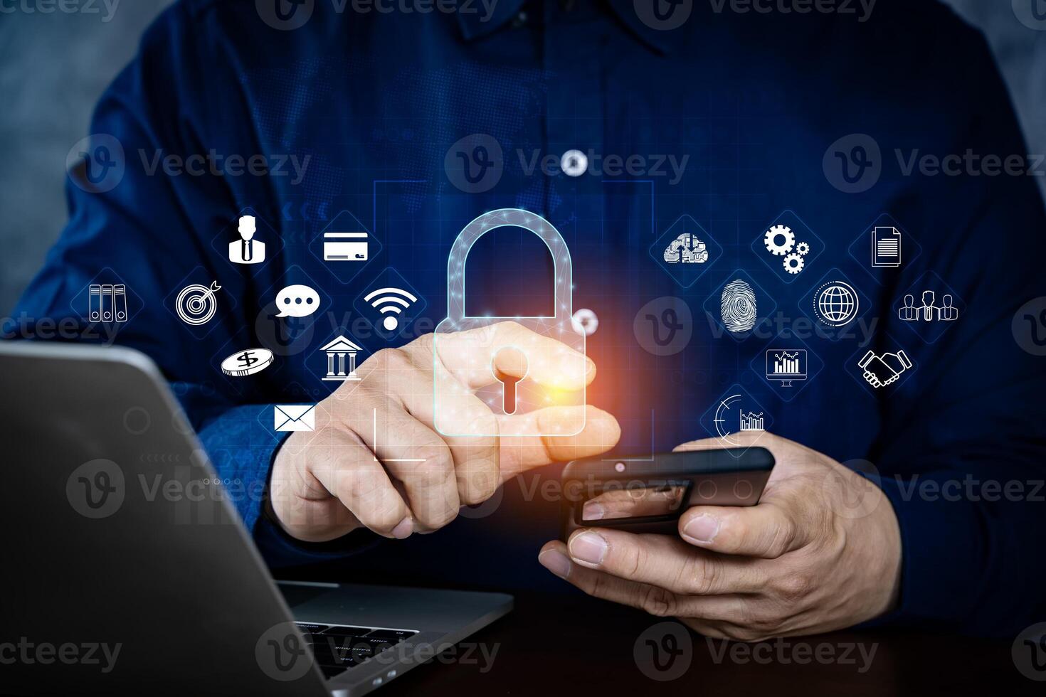 Concept of cyber security, Businesswoman using network online on cloud systemp to server big data information security encryption, secure access to user's personal information photo