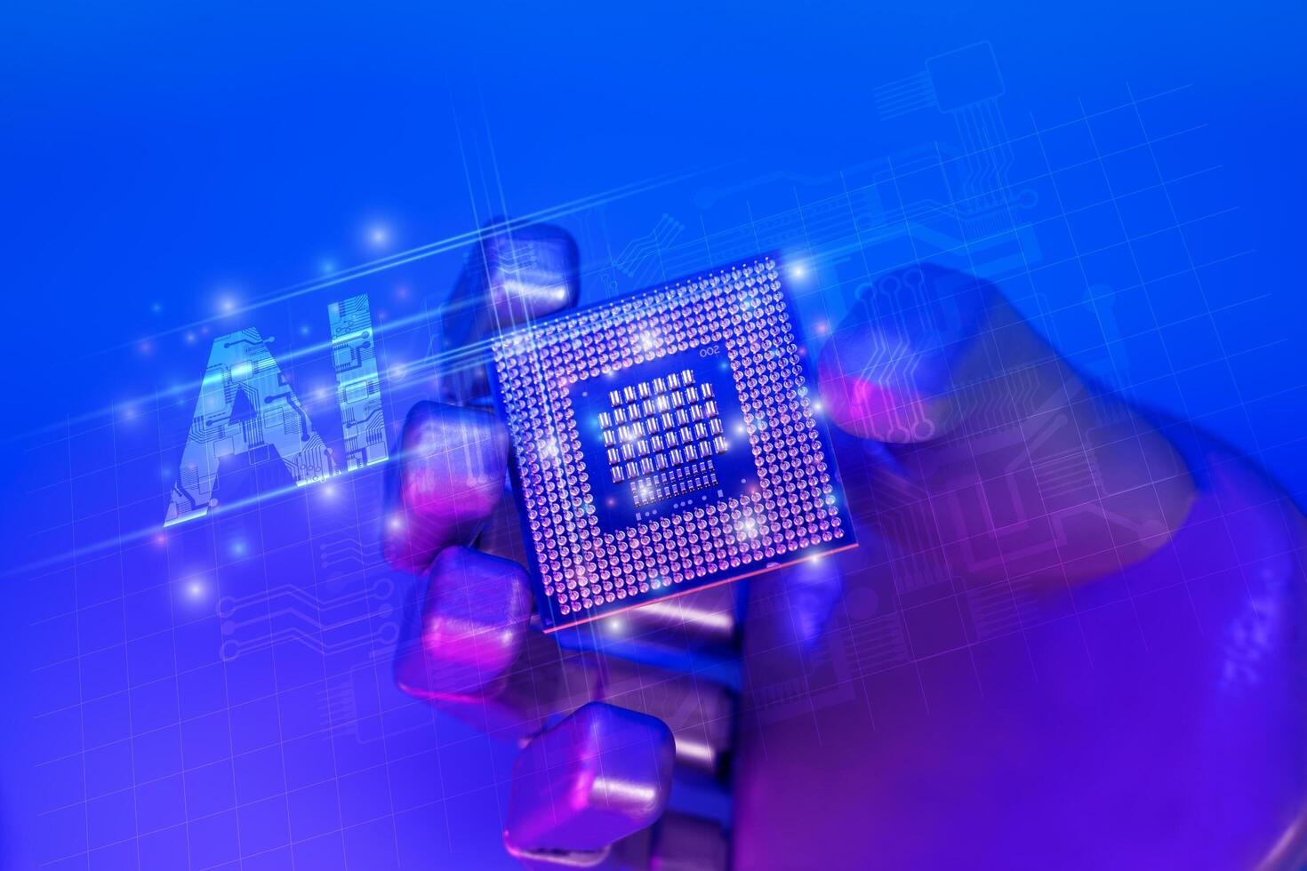 A close-up of a robotic hand, made of metal and with long holding a CPU in its palm. The hand is made of metal and has long, thin fingers. photo