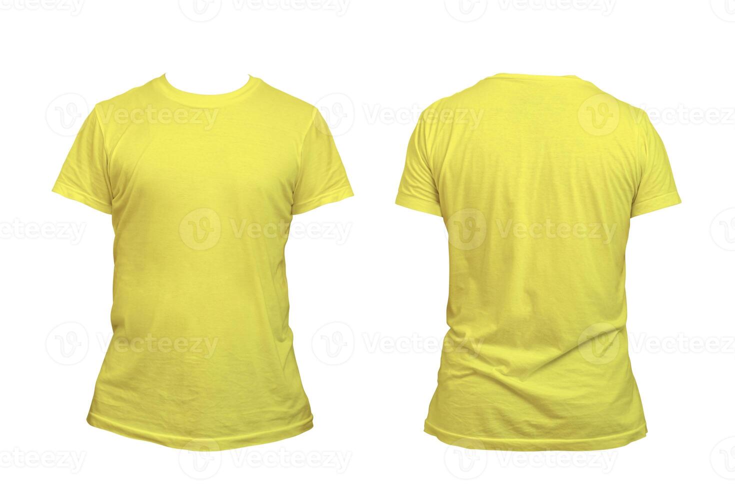 Blank yellow clean t-shirt mockup, isolated, front view. Empty tshirt model mock up. Clear fabric cloth for football or style outfit template. photo