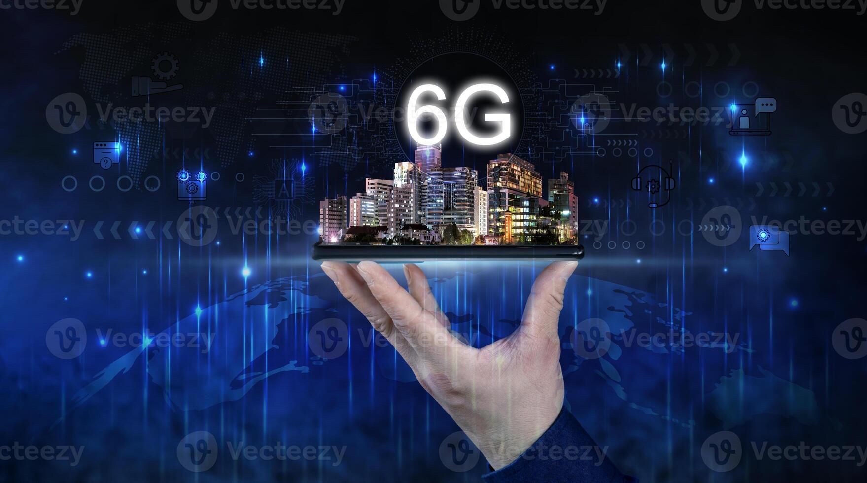 Businessman holding smartphone with map point Global network connection 6G.concept Networking technologies and social interaction. photo