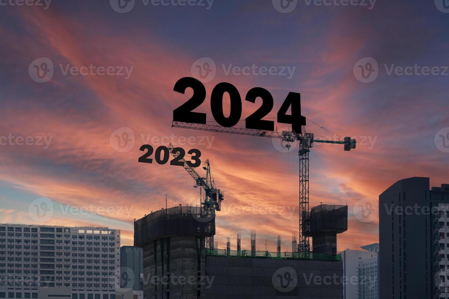 Happy New Year 2024 concept, Silhouette of engineer and construction to build lifting crane 2023. photo