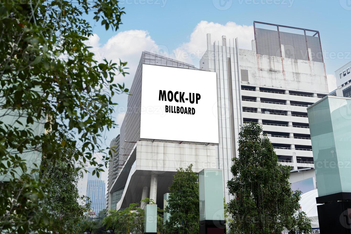 Apartment building, mockup space and advertising billboard, commercial housing and real estate in city. Empty poster for property marketing. photo