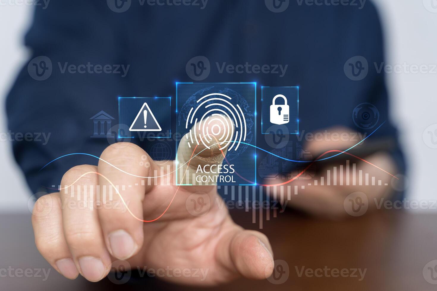 Access control concept. Businessman using mobile smartphone with virtual access control icon. photo