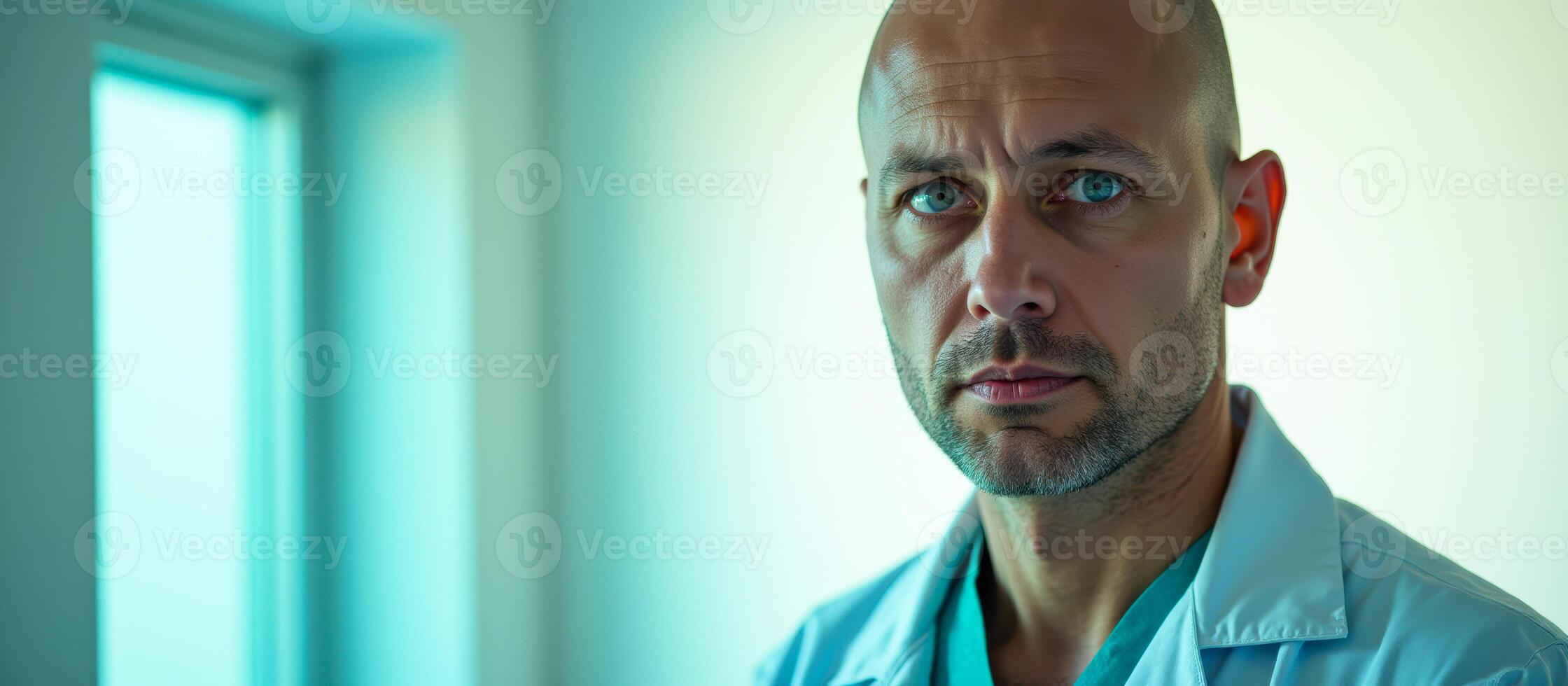 man a white lab coat gazes directly at the viewer photo
