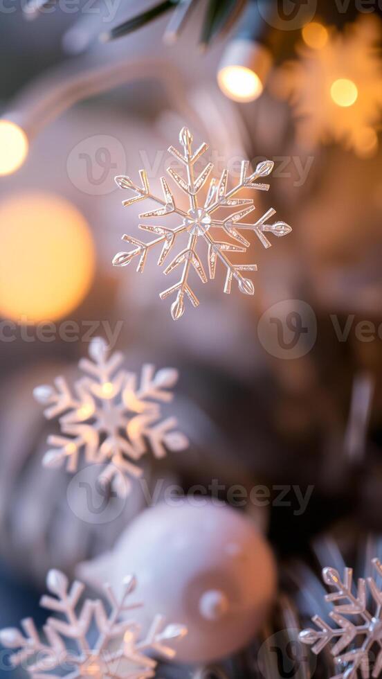 silver snowflake ornament glistens against a warm background photo