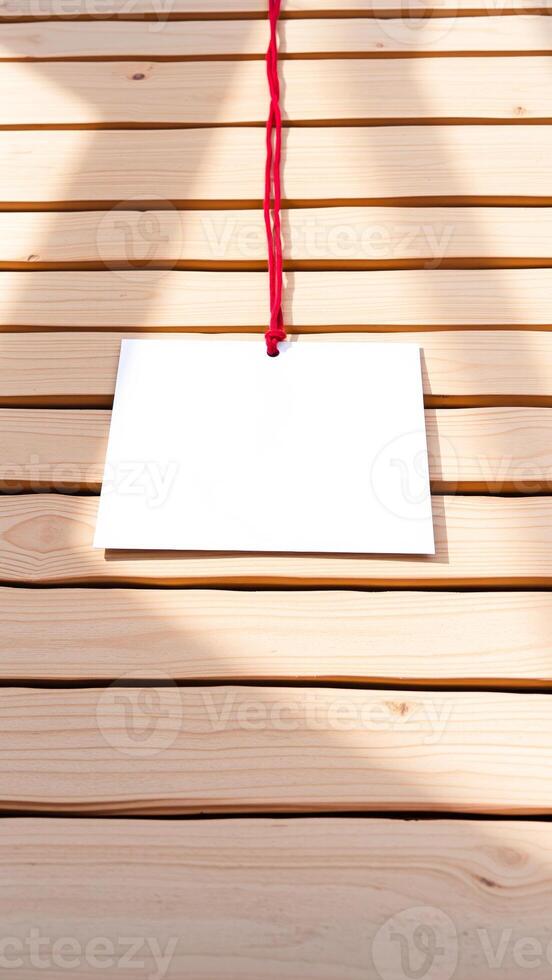 white card hanging with red string on wooden surface photo