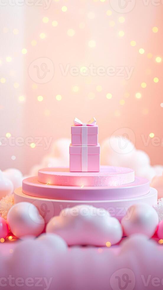 pink gift box resting on a pedestal amidst soft clouds warm lights photo