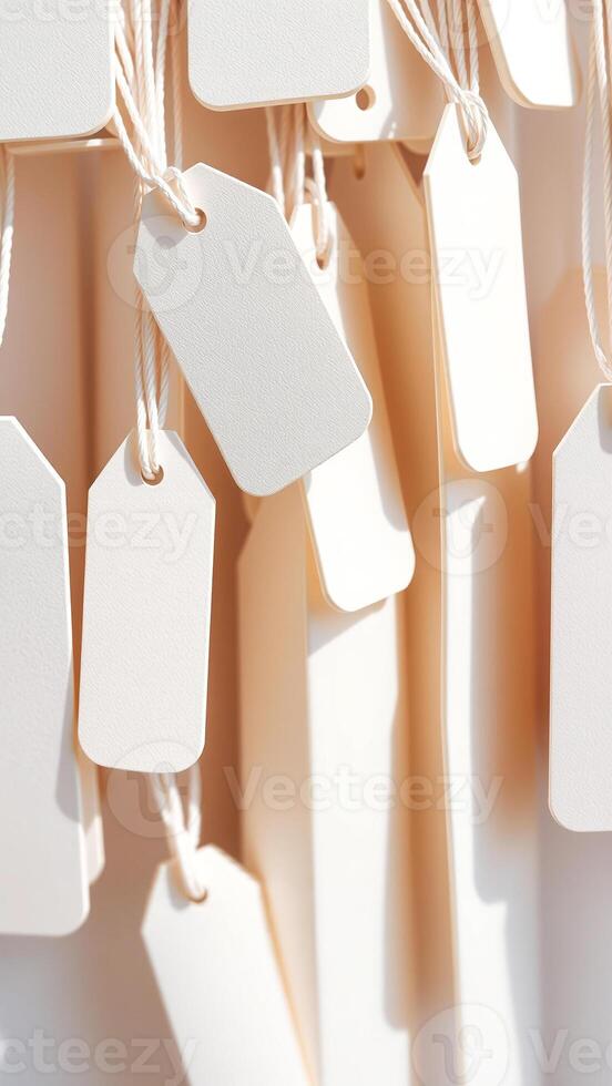 blank white tags hanging with strings photo