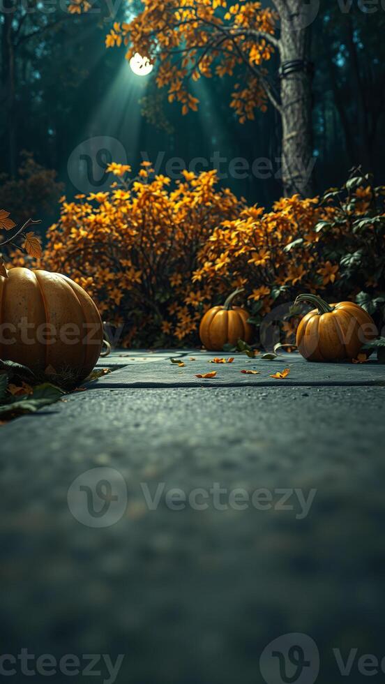 three pumpkins on a stone pathway a forest setting photo