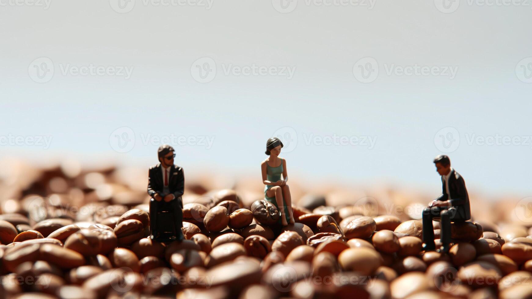 three miniature figures seated on coffee beans photo